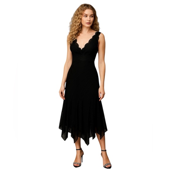 Joseph Ribkoff Women's Vtg Black Lace Kerchief Evening Cocktail MIDI Dress Sz 12 Joseph Ribkoff Women's Vtg Black Lace Kerchief Evening Cocktail MIDI Dress Sz 12